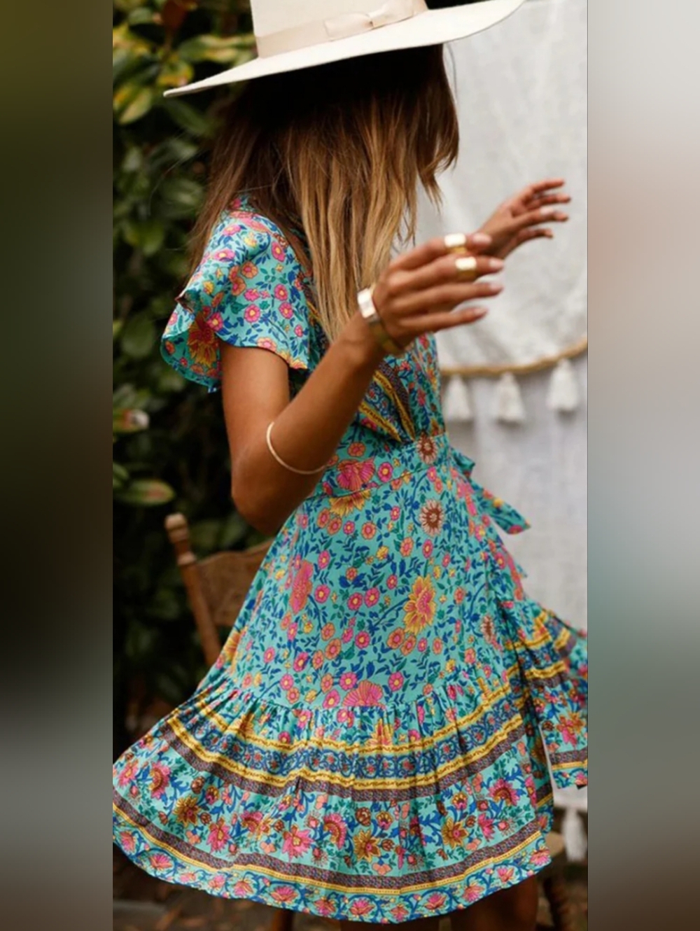 Floral Boho Tie-Waist Midi Dress in Turquoise